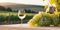 Glass of White Wine with Grapes in a Vineyard at Sunset. Royalty Free Stock Photo