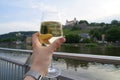 glass of white wine with Marienberg Fortress and the vineyards in background on a fine spring day in Wuerzburg (Germany) Royalty Free Stock Photo