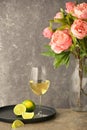 Glass Of White Wine and Peony Flowers Royalty Free Stock Photo