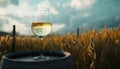 A glass of white wine rests on a barrel surrounded by golden countryside fields Royalty Free Stock Photo