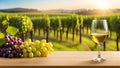 Glass of white wine and ripe vine grapes on old wooden table against blurred vineyard landscape. Winery agriculture, grape harvest Royalty Free Stock Photo