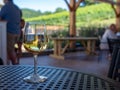 A glass of white wine sitting on patio table in a shaded outdoor dining area