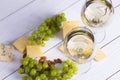 Glass of white wine with snacks - various types of cheese, figs, nuts, honey, grapes on a wooden boards background Royalty Free Stock Photo