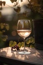 Glass of white wine on the table outdoors on blurred vineyard background Royalty Free Stock Photo