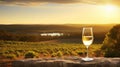 Glass of white wine on table in vineyard against beautiful landscape at sunset. Australian wine concept.