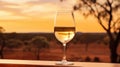 Glass of white wine on table in vineyard at sunset, South Australia. Australian wine concept.