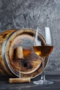 Glass with white wine for tasting and wooden barrel with corkscrew in dark cellar Royalty Free Stock Photo