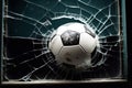 Glass window broken by soccer ball. Royalty Free Stock Photo