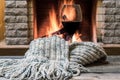 Glass of wine against cozy fireplace background, hygge concept