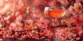 Glass of wine in apple orchard, pink floral background. Generative AI Royalty Free Stock Photo