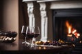 Glass of wine on the background of a burning fireplace, AI Generated