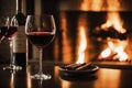 Glass of wine on the background of a burning fireplace, AI Generated