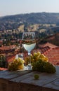 Glass wine on a background of mountains Royalty Free Stock Photo