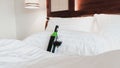 A glass of wine and wine bottle in the bed Royalty Free Stock Photo