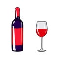 Glass of wine and wine bottle. Hand drawing wine. Vector illustration red wine. Alcohol design element. Royalty Free Stock Photo