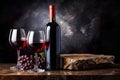 glass of wine and bottle on a table, surrounded by leaves and ample copy-space for your text. Royalty Free Stock Photo