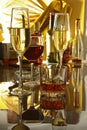 Glass of wine, brandy or cognac on the mirror wooden table Royalty Free Stock Photo