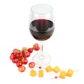 Glass with wine, bunch of grapes and cheese isolated on white Royalty Free Stock Photo