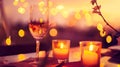 A glass of wine and candles on a table with lights, AI Royalty Free Stock Photo