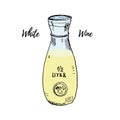 Glass wine carafe full of white wine vector illustration isolated on white. Hand drawn ink sketch. Italian and French