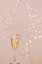 A glass of wine, champagne with envelope against bokeh background close up. Top view. New Year, Christmas mood. Greeting card Royalty Free Stock Photo