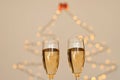 A glass of wine, champagne with envelope against bokeh background close up. Top view. New Year, Christmas mood. Greeting card Royalty Free Stock Photo