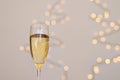 A glass of wine, champagne with envelope against bokeh background close up. Top view. New Year, Christmas mood. Greeting card Royalty Free Stock Photo