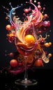 A glass of wine with colorful fruit and bubbles, AI