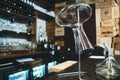 Glass wine decanter on a stand in a trendy wine bar Royalty Free Stock Photo
