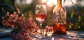 a glass of wine in front of a flower vase Royalty Free Stock Photo