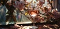 a glass of wine in front of a flower vase Royalty Free Stock Photo