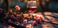 a glass of wine in front of a flower vase Royalty Free Stock Photo