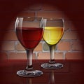 Glass wine glass with red wine, white wine, cider. A realistic, transparent. Brick wall. Vector. Royalty Free Stock Photo