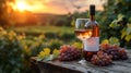 Glass Of Wine With Grapes And Barrel On A Sunny Background. Italy Tuscany Region Royalty Free Stock Photo