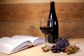 A glass of wine with grapes, bottle and an open book