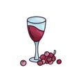 Glass with wine and grapes. Doodle vector image. Hand drawn drink concept. Color illustration of red wine. Set of cartoon icons on Royalty Free Stock Photo