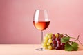 Glass with wine and grapes on pastel background