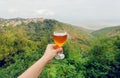 Glass of wine in hand of tourist in natural landscape of green Alazani Valley, Georgia. Homemade beverage Royalty Free Stock Photo