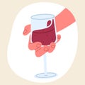 Glass of wine in hand, wineglass with red wine. Female hand holding wine glass isolated flat vector illustration on white Royalty Free Stock Photo