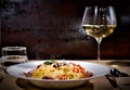 Glass with wine near appetizing spaghetti pasta with shrimps, gr Royalty Free Stock Photo