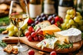 Glass of wine is next to wooden board with various cheeses and grapes. Generative AI Royalty Free Stock Photo