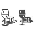 Glass of wine and piece of cheese line and solid icon, Wine festival concept, drink and snack sign on white background