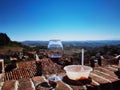 Glass of wine and plate of ravioli Royalty Free Stock Photo