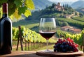 Glass of wine with wine pouring from a bottle and landscape of a vineyard on a sunny day. Winemaking concept, copy space, Royalty Free Stock Photo