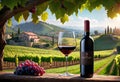 Glass of wine with wine pouring from a bottle and landscape of a vineyard on a sunny day. Winemaking concept, copy space, Royalty Free Stock Photo