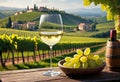 Glass of wine with wine pouring from a bottle and landscape of a vineyard on a sunny day. Winemaking concept, copy space, Royalty Free Stock Photo