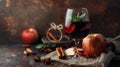 Glass of wine, red apple, cinnamon sticks Royalty Free Stock Photo