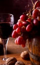 A glass of wine and red grapes on barrel Royalty Free Stock Photo
