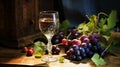 Glass of wine and ripe grapes bunch on table generative ai Royalty Free Stock Photo