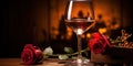 Glass of wine with roses for romantic atmosphere